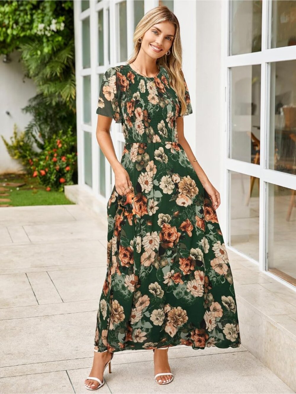 Womens Floral Green Crew Neck Floral Boho Flowy Short Sleeve Cocktail Maxi Dress - Picture 3 of 5